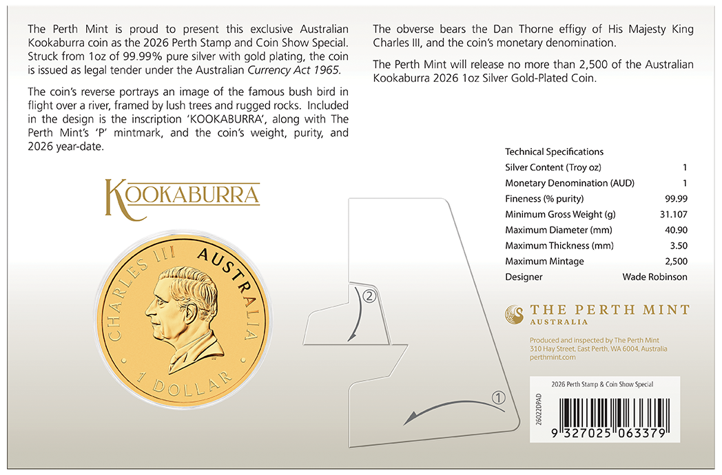 2026 Perth Mint Australian Kookaburra 1oz Silver Gold-Plated Coin