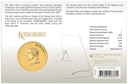 2026 Perth Mint Australian Kookaburra 1oz Silver Gold-Plated Coin