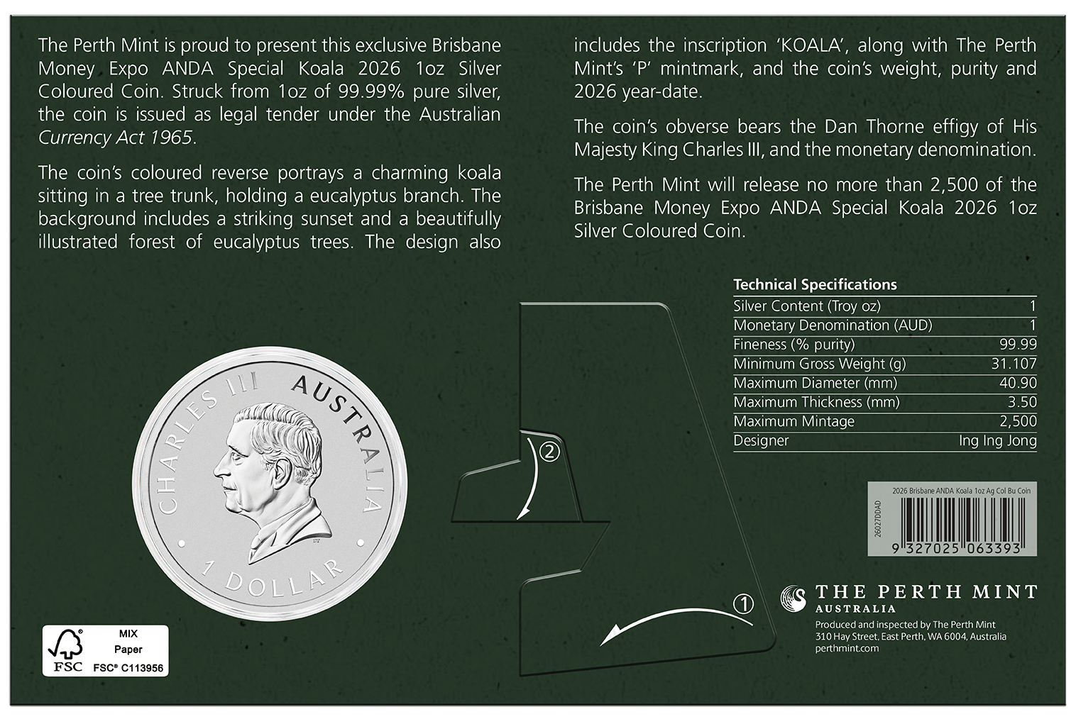 2026 Perth Mint Koala 1oz Silver Coloured Coin In Card