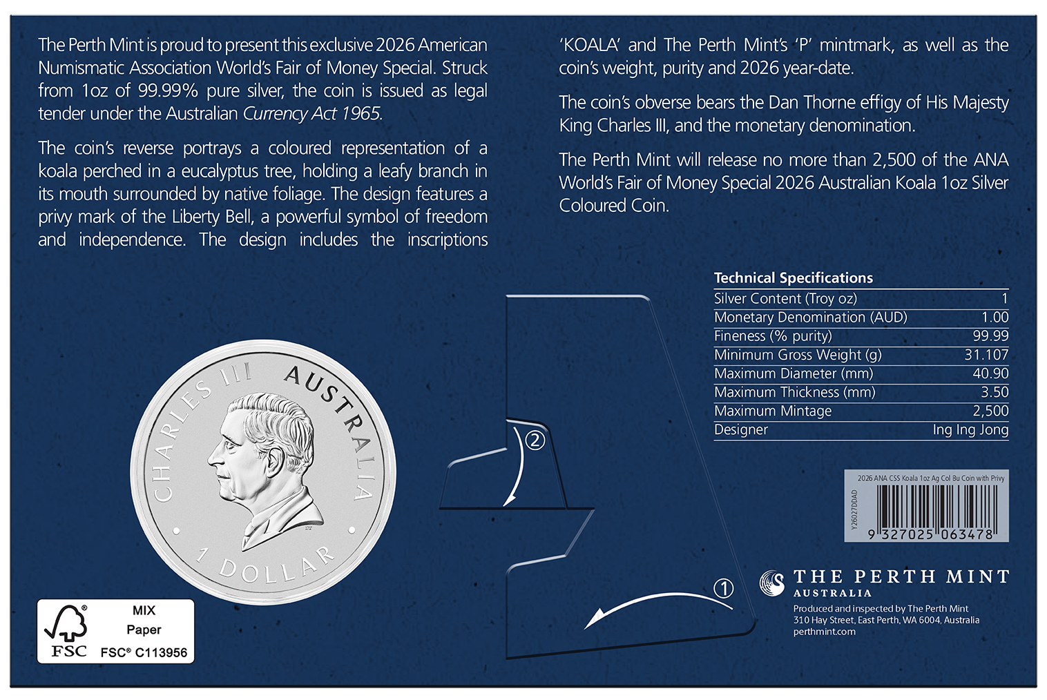 2026 Perth Mint ANA Koala 1oz Silver Coloured Coin