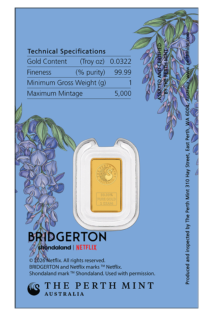 2026 Perth Mint Bridgerton 1g Gold Minted Bar in Card
