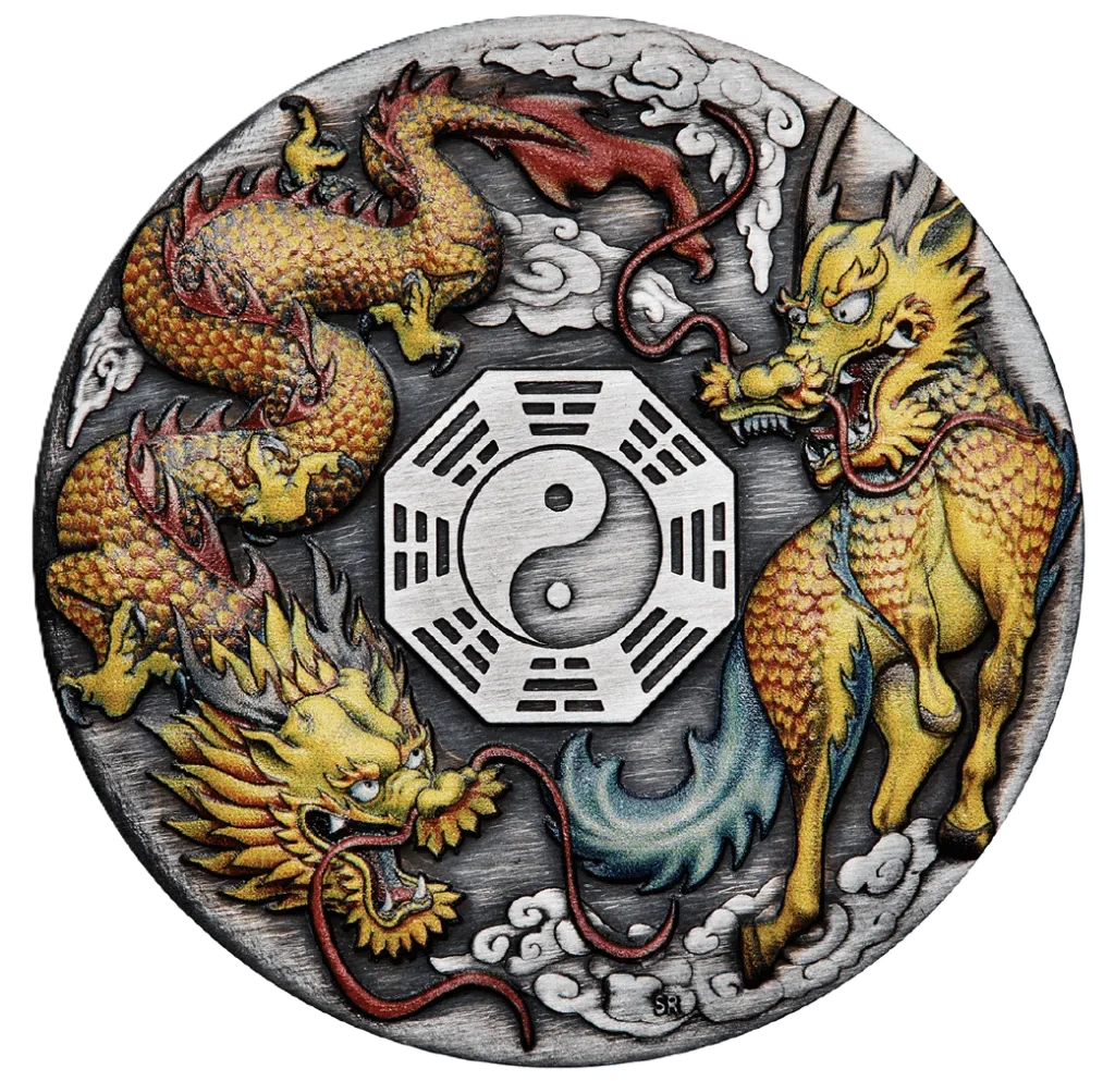 2022 Perth Mint Dragon & Qilin 2oz Silver  Antiqued Coloured Coin