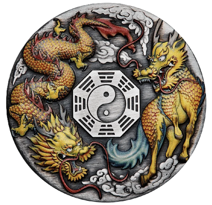 2022 Perth Mint Dragon & Qilin 2oz Silver  Antiqued Coloured Coin