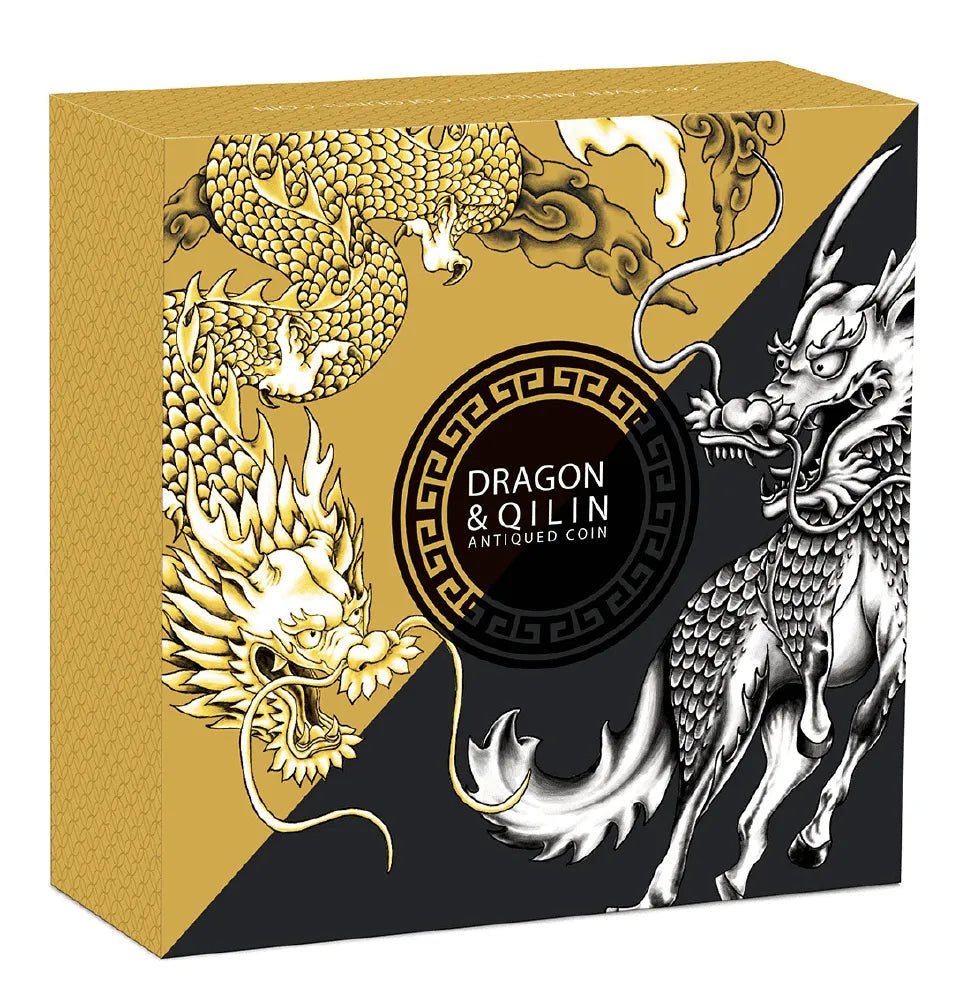 2022 Perth Mint Dragon & Qilin 2oz Silver  Antiqued Coloured Coin
