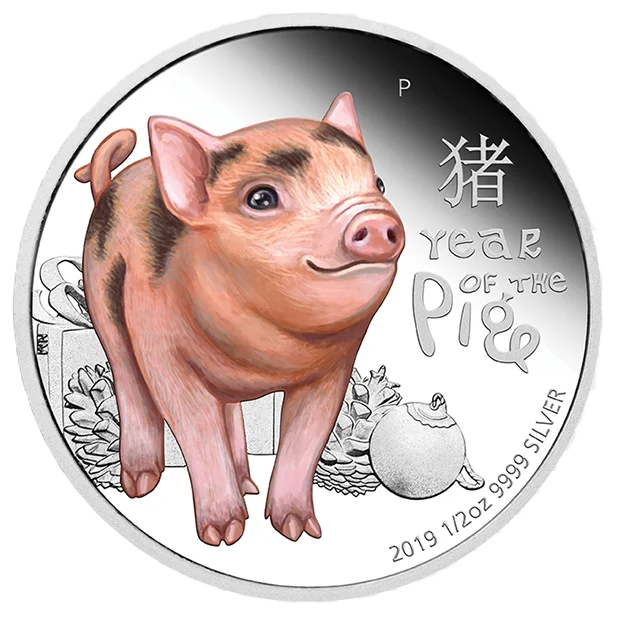 2019 PerthMint Lunar Baby Pig 1/2 0z Siver Coloured Proof Coin