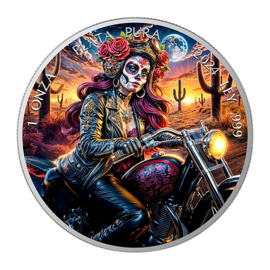 2024 Mexico Libertad Dia de los Muertos Biker 1oz Silver Coloured Coin