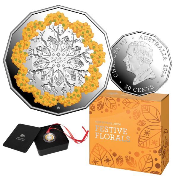 2024 50c Christmas Festive Florals Fine Silver Coloured Proof Coin
