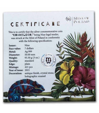 2021 Niue Chameleon 3oz Antiqued HR Silver Coin