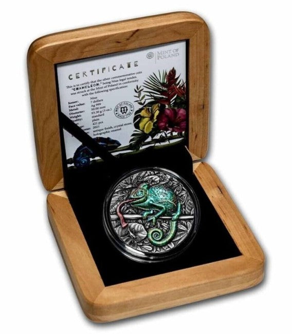 2021 Niue Chameleon 3oz Antiqued HR Silver Coin