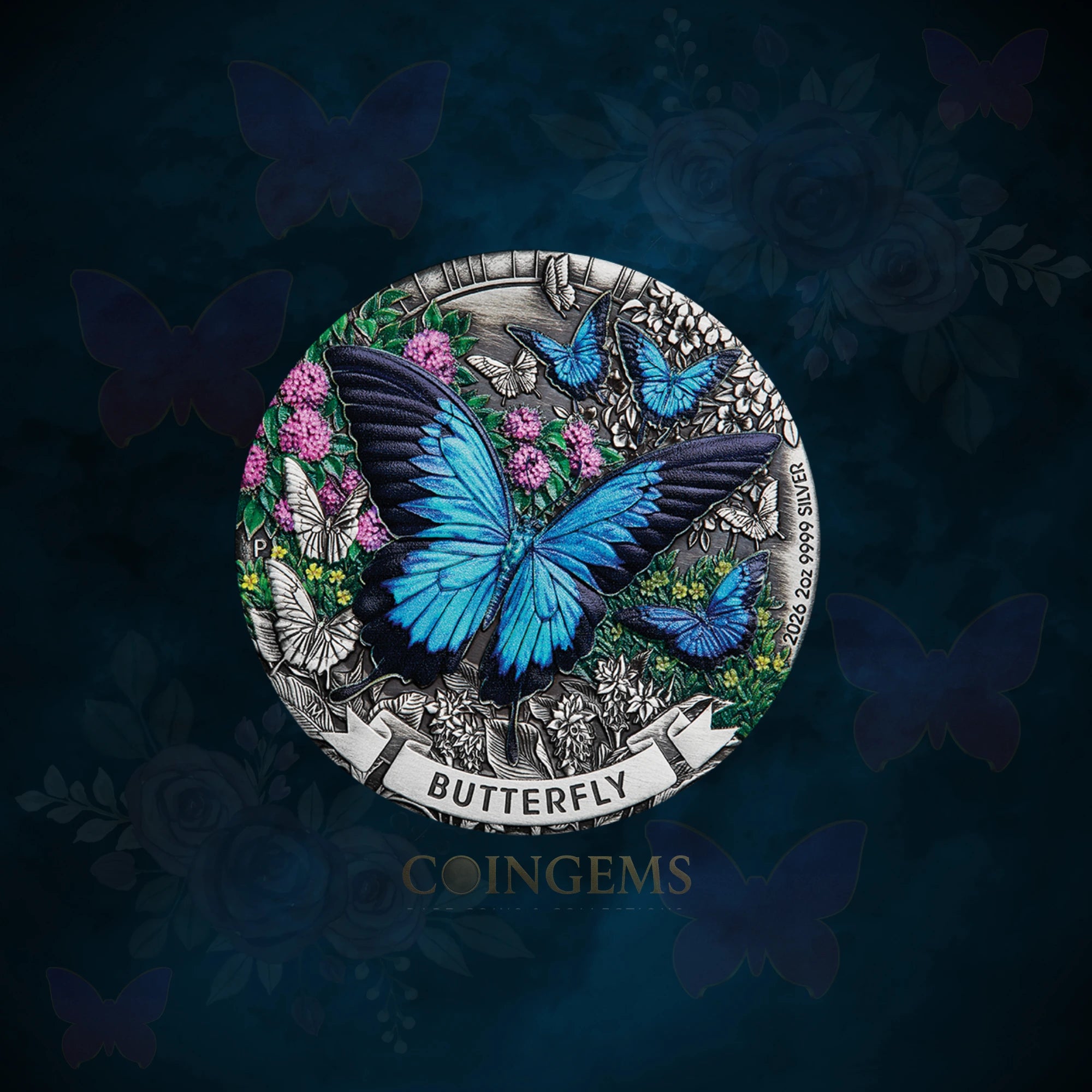 2026 Perth Mint Butterfly 2oz Silver Antiqued Coloured Coin