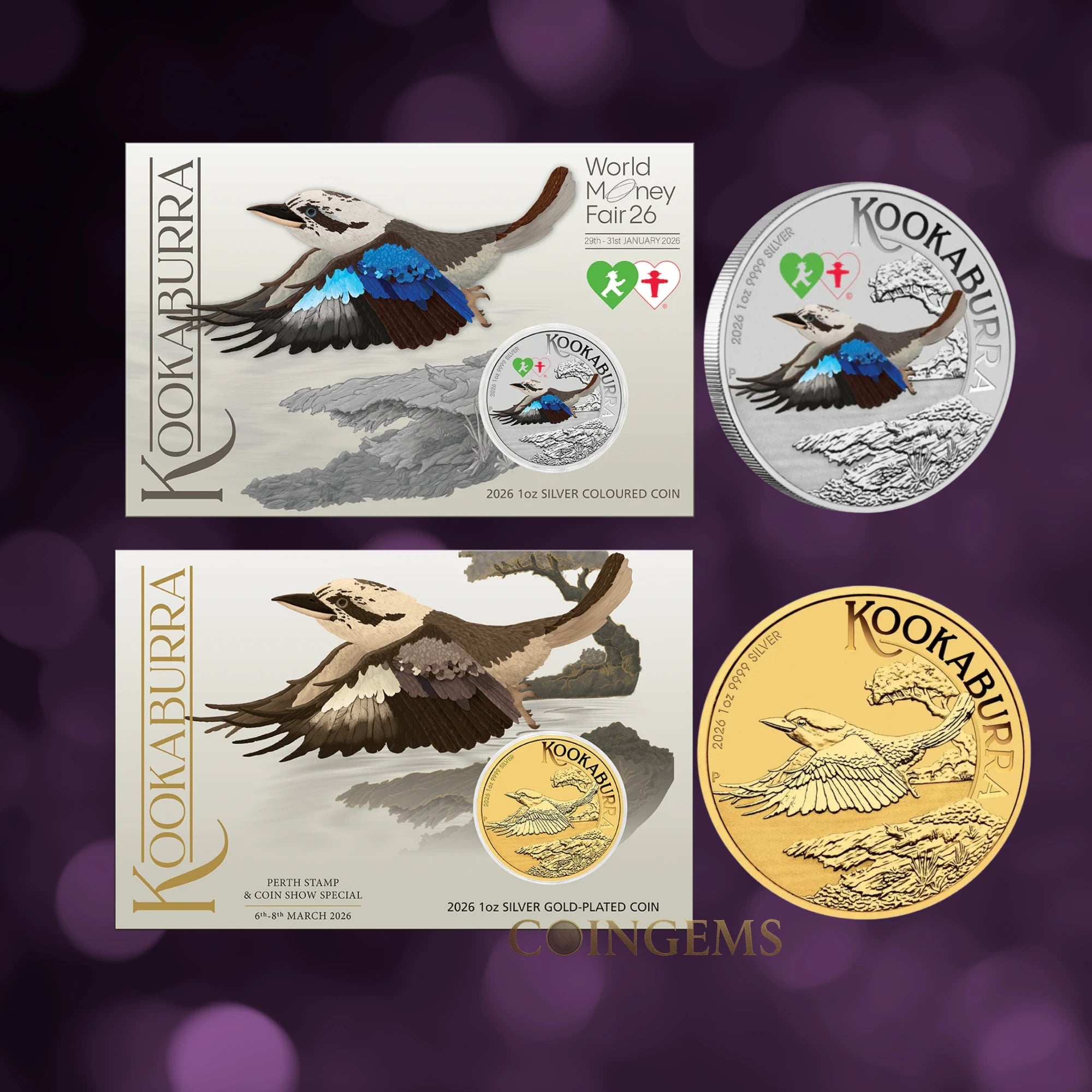 2026 Kookaburra 1oz Silver Coloured & Gold Plated 2 Coin Collection