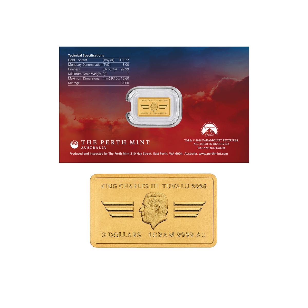 2026 Perth Mint Top Gun 40th Anniversary 1g Gold Rectangle Coin in Card
