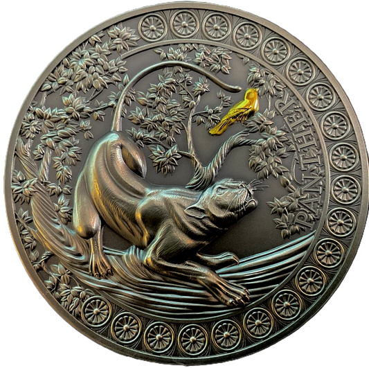 2022 Ghana Panther Hunting 2oz Silver Antiqued HR Gilded Coin