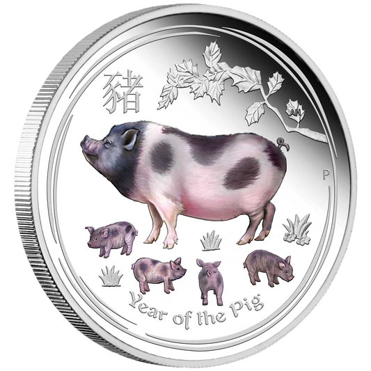 2019 Perth Mint Lunar Pig 1oz Silver Proof Coloured Coin