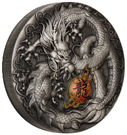 2019 Perth Mint Dragon 5oz  Silver Antiqued HR Coloured Coin
