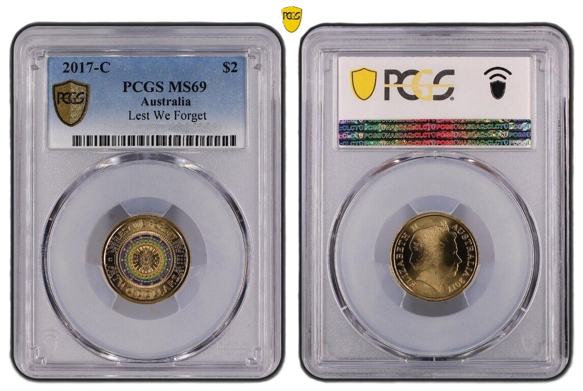 Ms69 2017 PCGS MS69 graded $2 Mosaic LEST We Forget C Mintmark coin