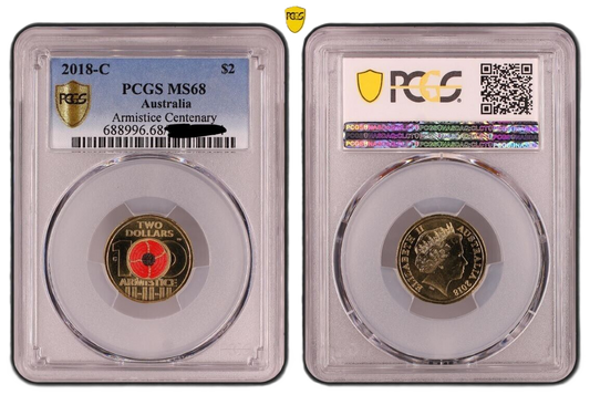 2018 PCGS MS68 graded Armistice Centenary Poppy C Mintmark coin