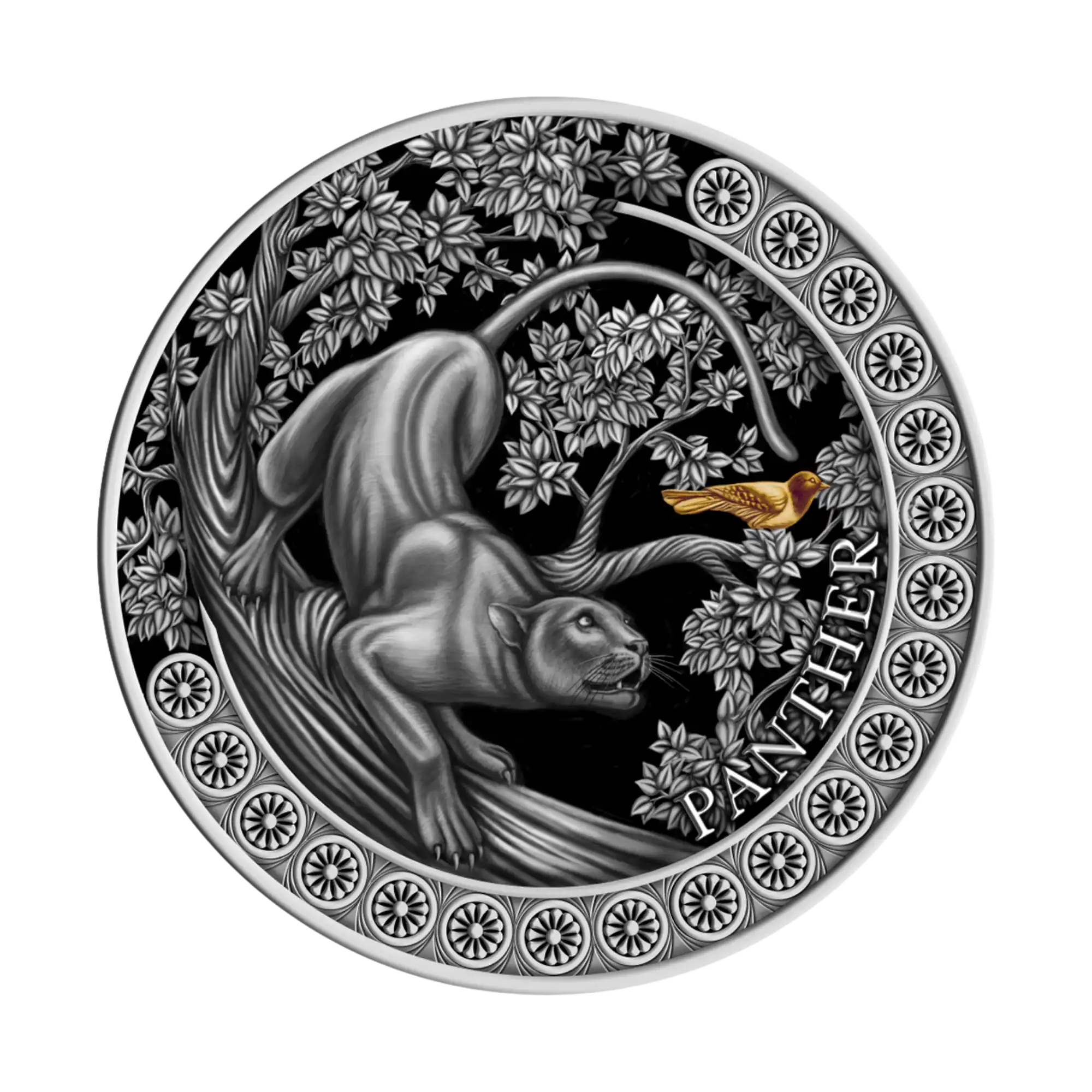 2022 Ghana Panther Hunting 2oz Silver Antiqued HR Gilded Coin