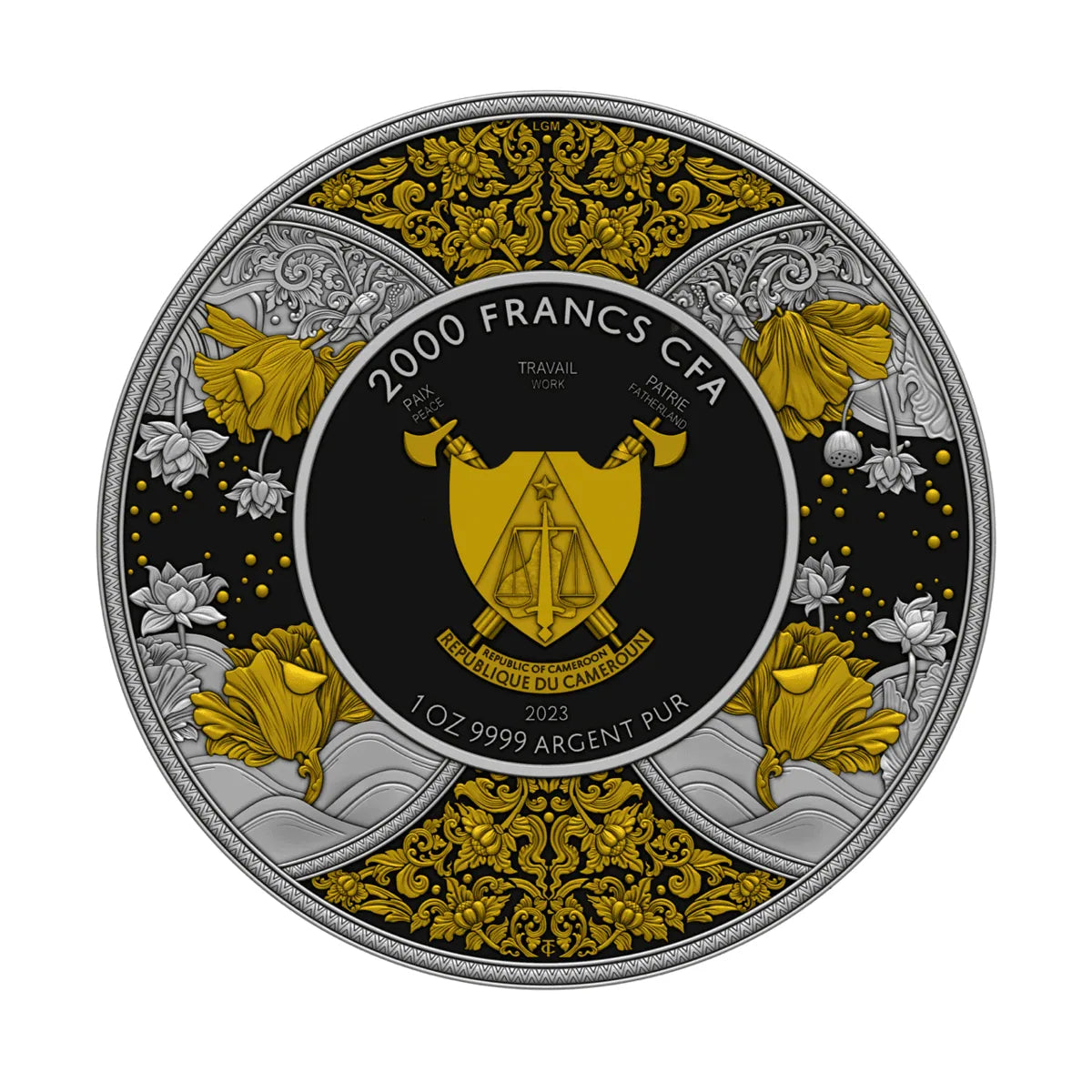 2023 Cameroon Durga 1oz Silver Dark Gilded Coin 2000 Francs.