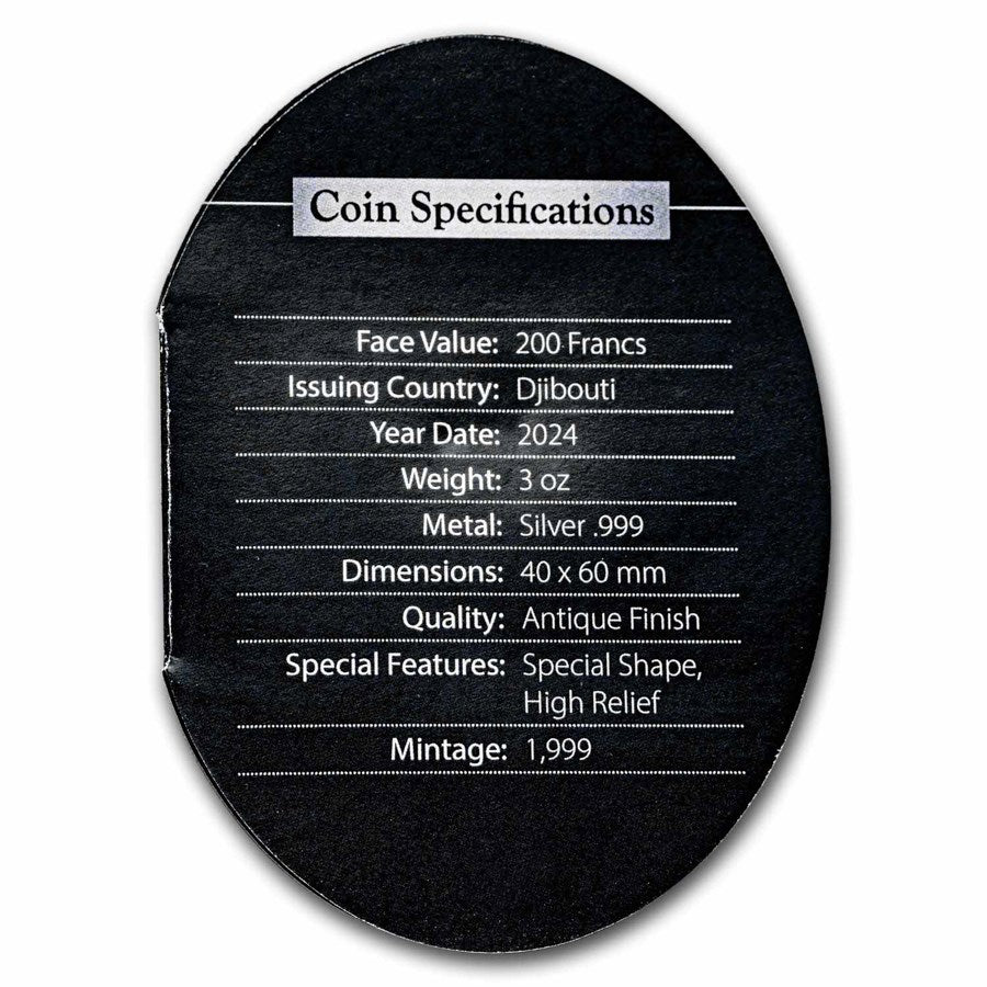 2024 Djibouti Lord of the Sacred Land Anubis 3oz Silver Antiqued Coin