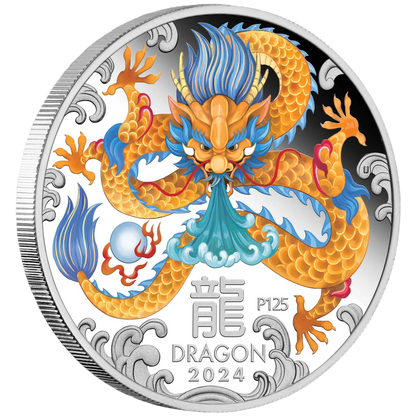 2024 Perth Mint Lunar Dragon 1/2oz Silver Coloured Coin in Capsule