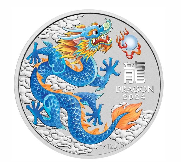 2024 Perth Mint Lunar Dragon 1oz Silver Blue Coloured Coin in Card