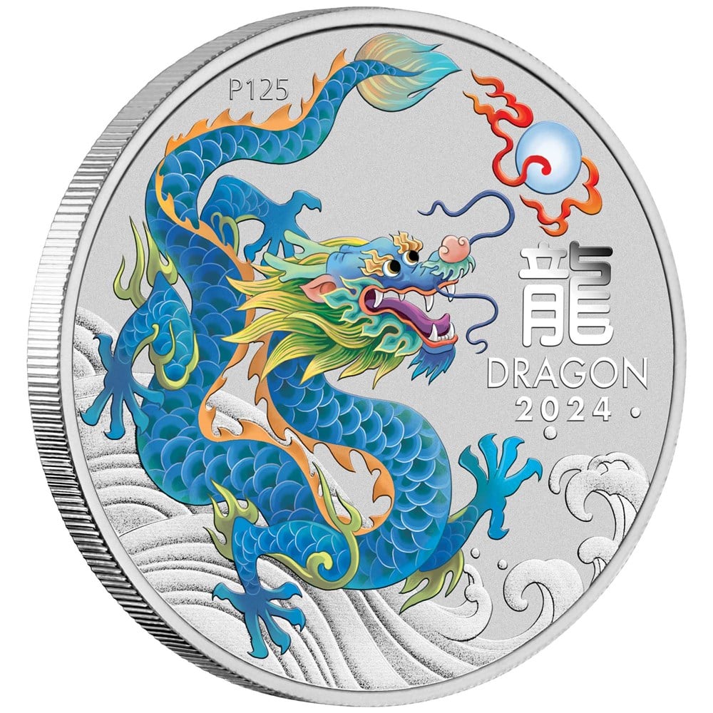 2024 Perth Mint Lunar Dragon 1oz Silver Teal Coloured Coin in Card