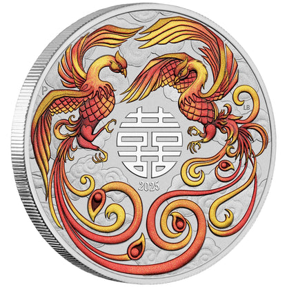 2025 PerthMint Chinese Myths and Legends – Double Phoenix 1oz Silver Fire Coloured Coin (In Card)
