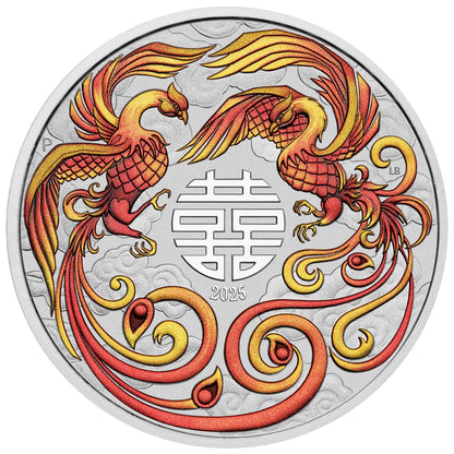 2025 PerthMint Chinese Myths and Legends – Double Phoenix 1oz Silver Fire Coloured Coin (In Card)