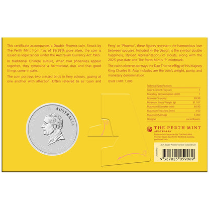 2025 PerthMint Chinese Myths and Legends – Double Phoenix 1oz Silver Fire Coloured Coin (In Card)