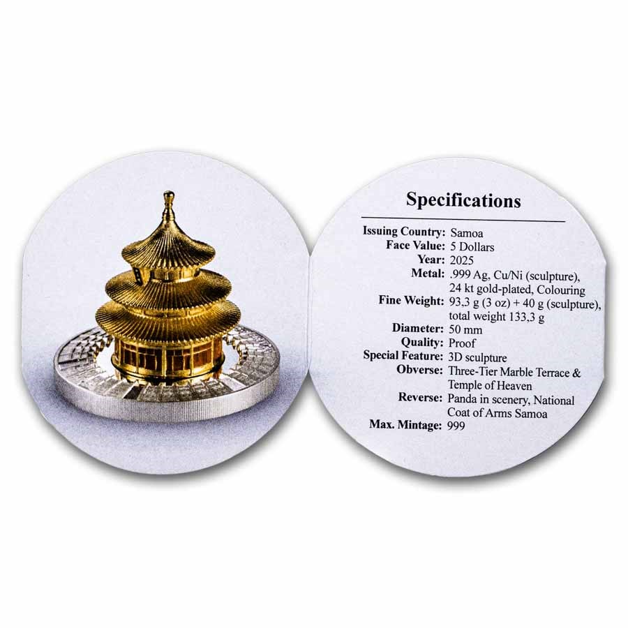 2025 Samoa Heaven Temple 3oz Gold Plated Silver Proof Coin