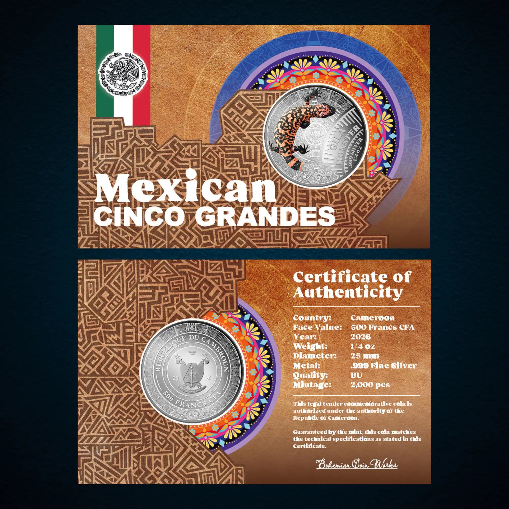 2026 Cameroon Mexican Cinco Grandes Gila Monster 1/4oz Silver Coin On Card