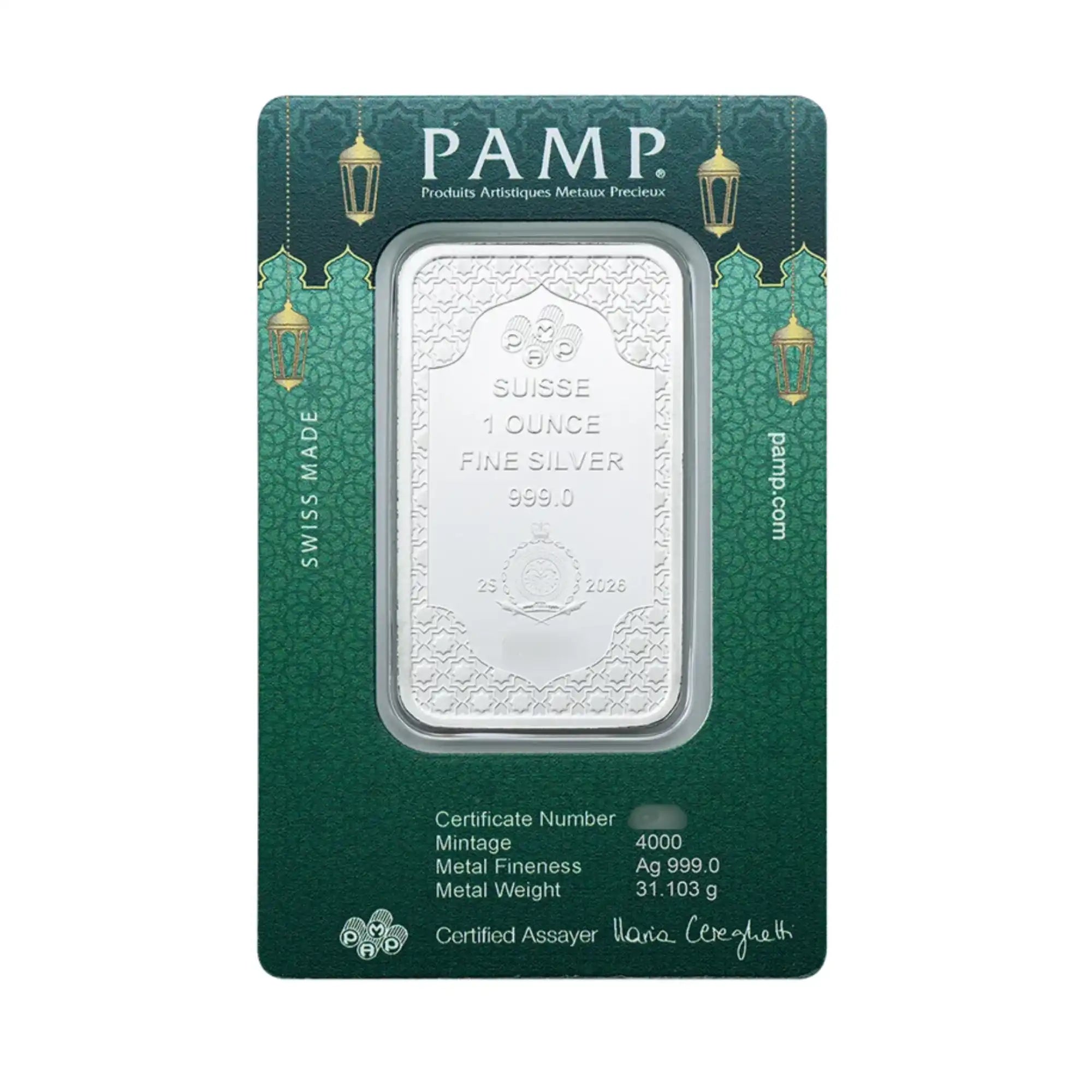 2026 PAMP Suisse Eid Mubarak 1oz Silver Proof-Like Bar