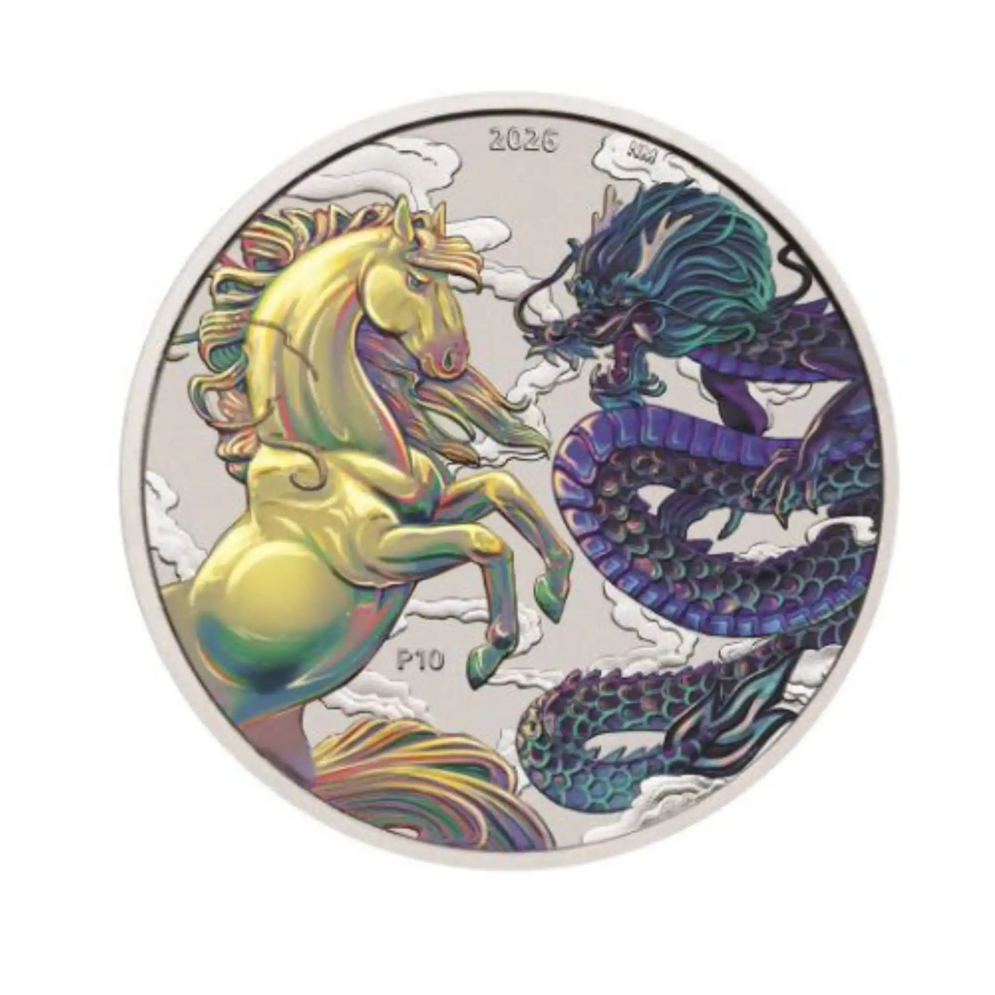 2026 PM Chinese Myths Legends Dragon and Horse 1oz Silver Opalite Coloured Coin