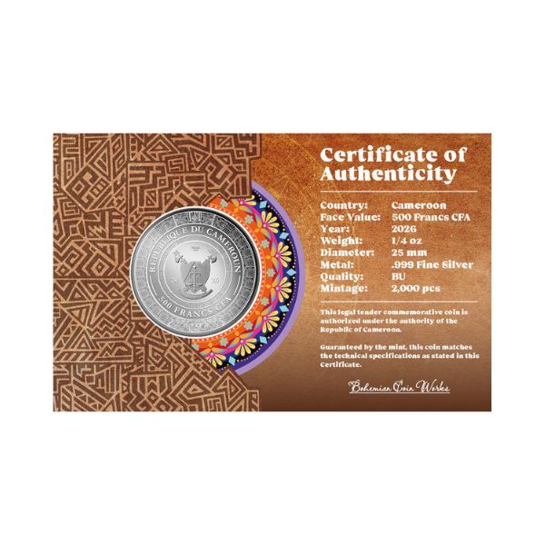 2026 Cameroon Mexican Cinco Grandes Golden Eagle 1/4oz Silver Proof Coloured Coin in Card