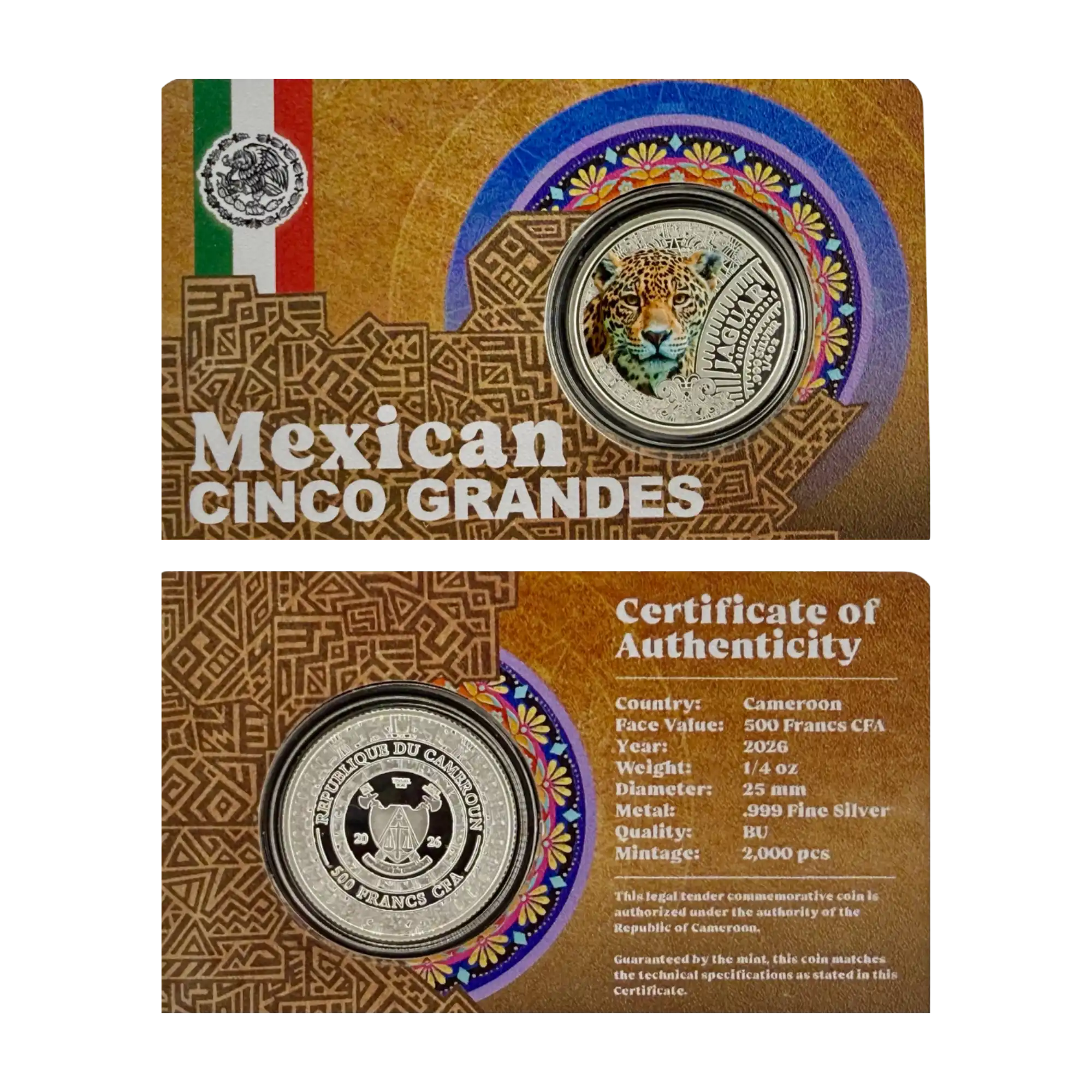 2026 Cameroon Mexican Jaguar 1/4oz Silver Coloured Coin