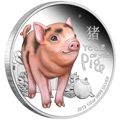 2019 PerthMint Lunar Baby Pig 1/2 0z Siver Coloured Proof Coin