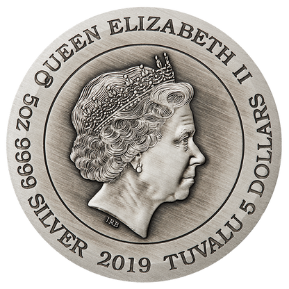 2019 Perth Mint Dragon 5oz  Silver Antiqued HR Coloured Coin