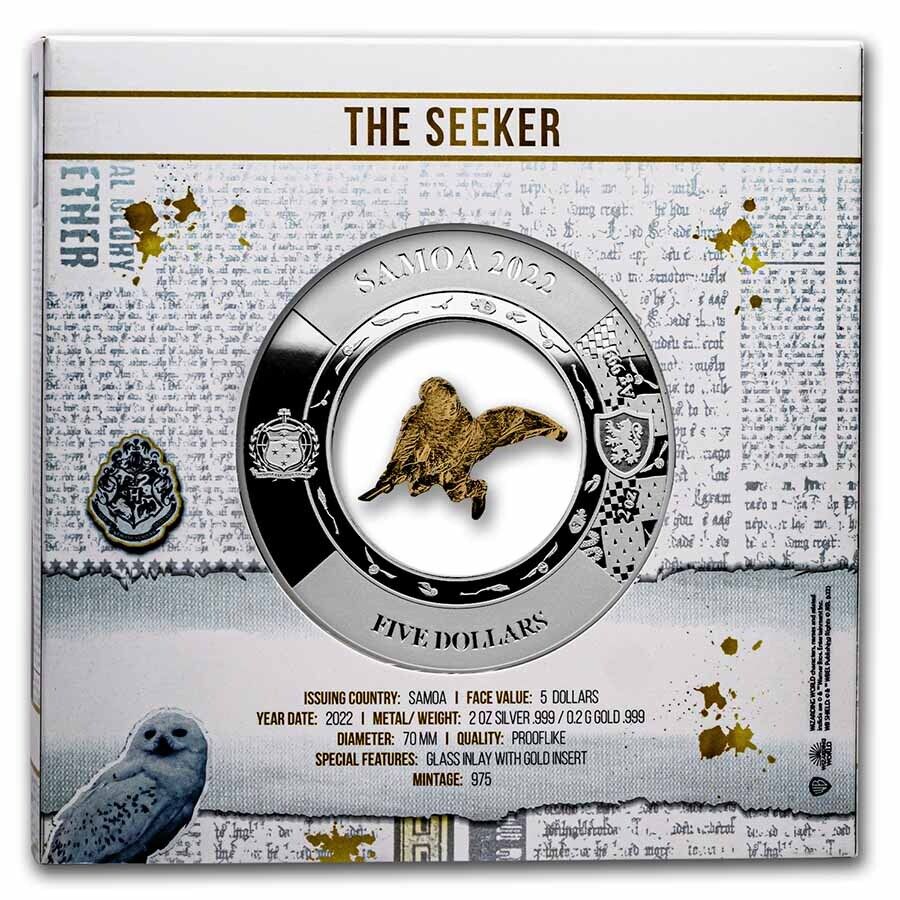 2022 Samoa Harry Potter The Seeker 2oz Silver Prooflike 24k Gold Inlay Coin