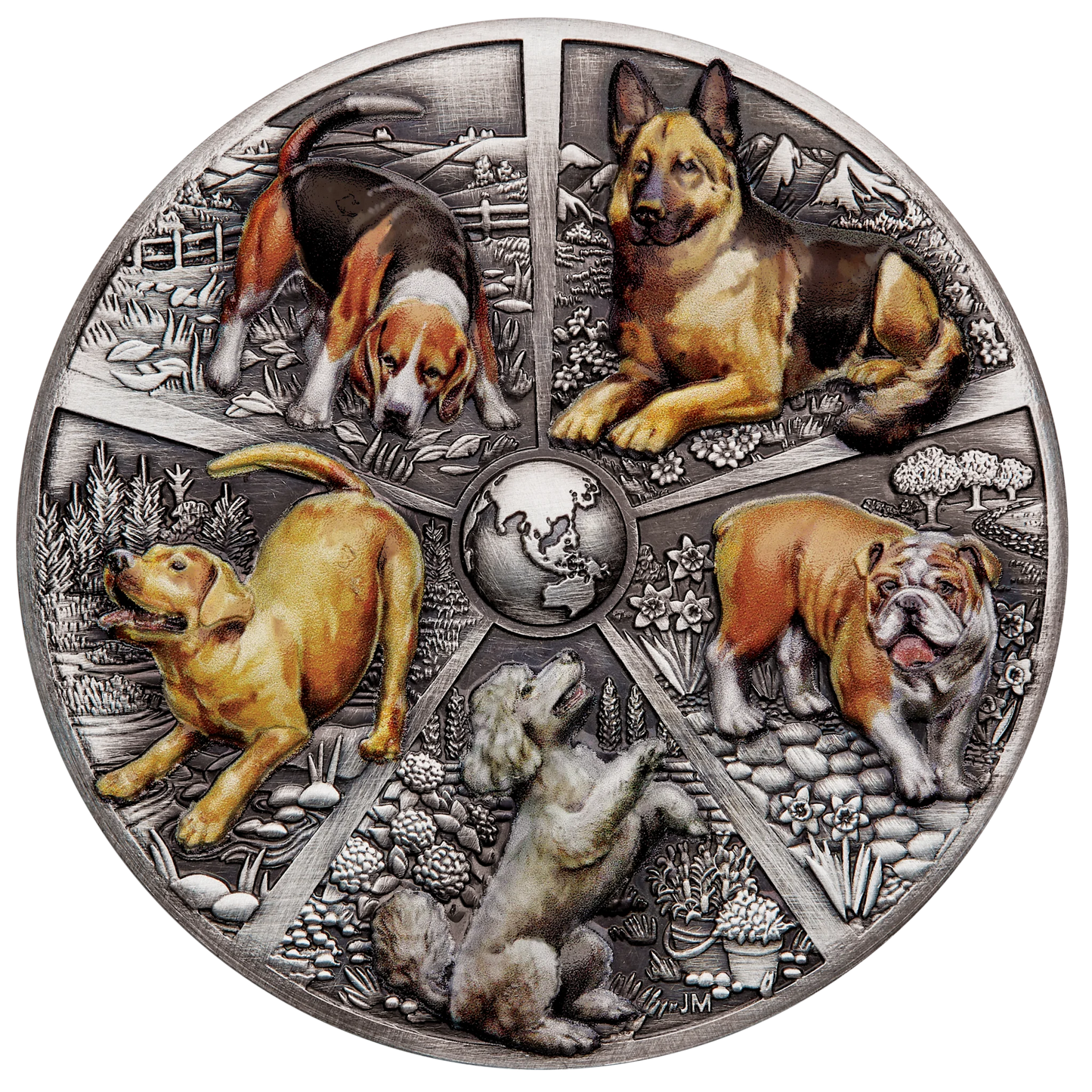 2025 Perth Mint World Popular Dogs 5oz Silver Antiqued HR Coloured Coin - last one