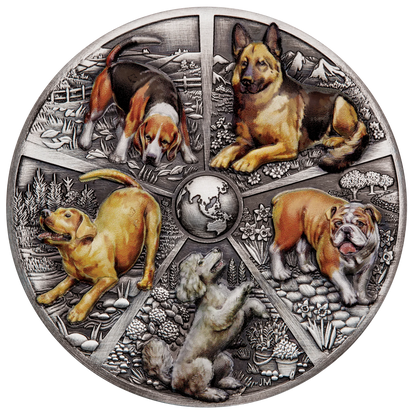 2025 Perth Mint World Popular Dogs 5oz Silver Antiqued HR Coloured Coin - last one