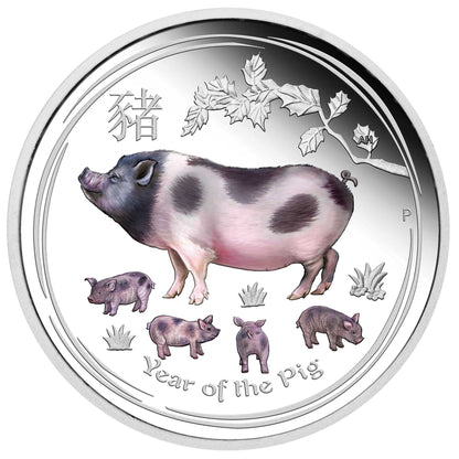 2019 Perth Mint Lunar Pig 1oz Silver Proof Coloured Coin