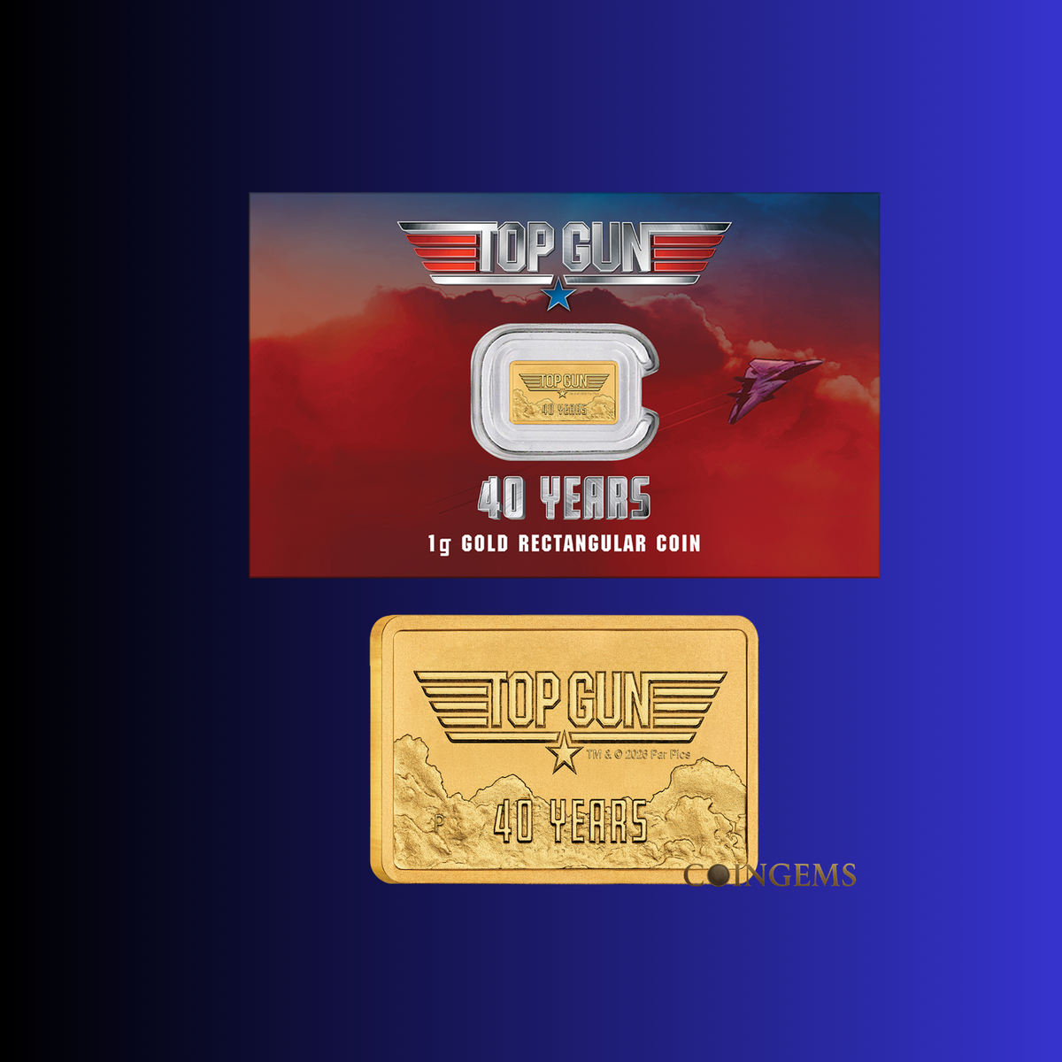 2026 Perth Mint Top Gun 40th Anniversary 1g Gold Rectangle Coin in Card