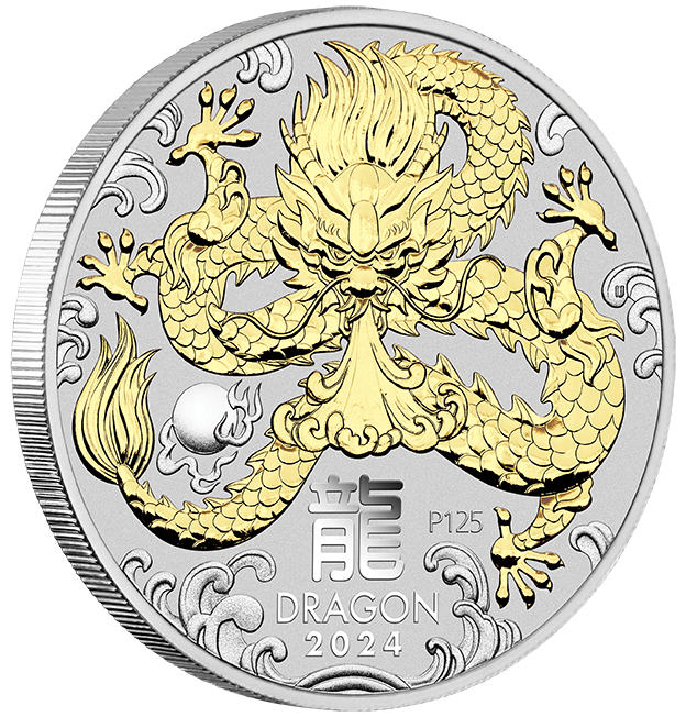 2024 Perth Mint Lunar Dragon 1oz Silver Gilded Coin in Box