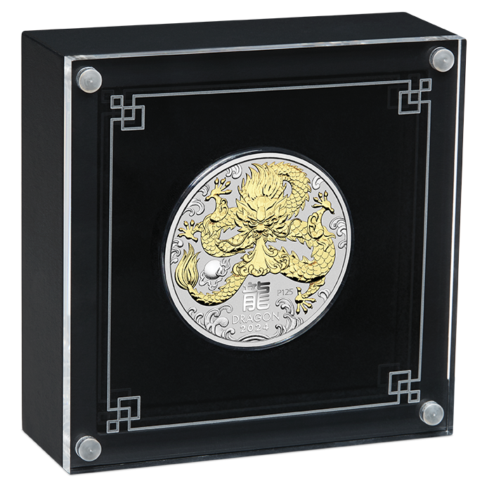 2024 Perth Mint Lunar Dragon 1oz Silver Gilded Coin in Box