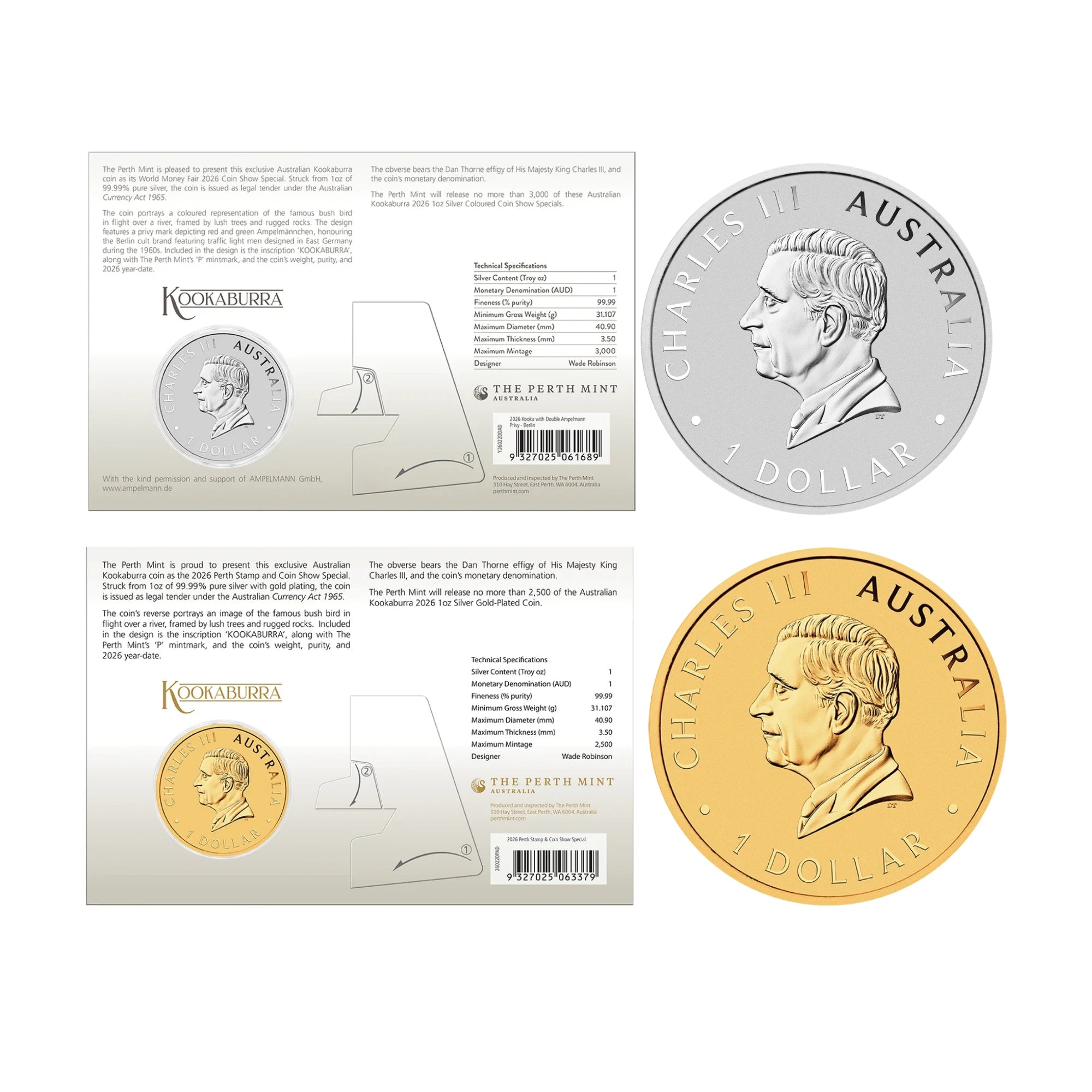 2026 Kookaburra 1oz Silver Coloured & Gold Plated 2 Coin Collection