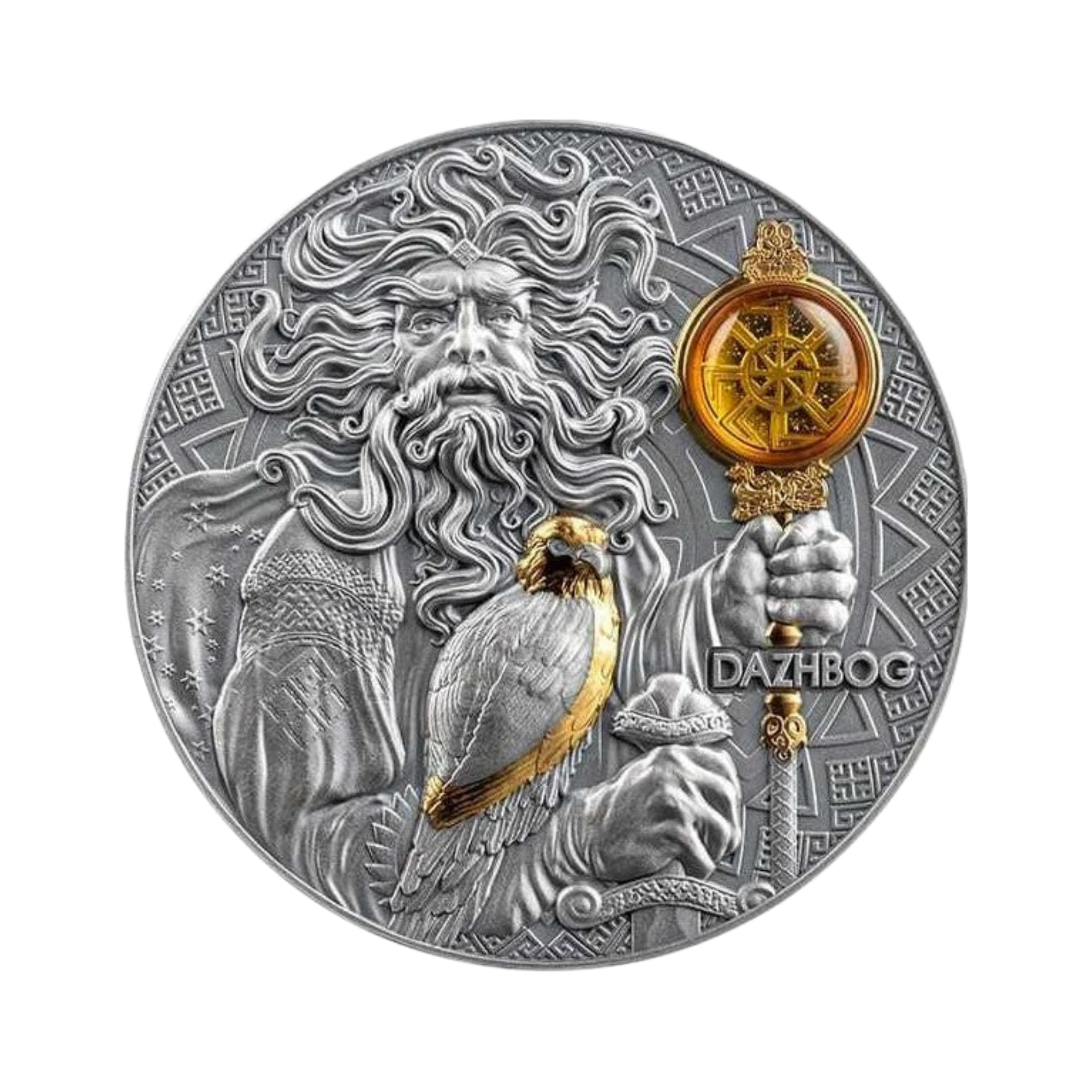 2024 Niue Dazhbog – Divine Faces of the Sun 3oz Gilded Antique Silver Coin