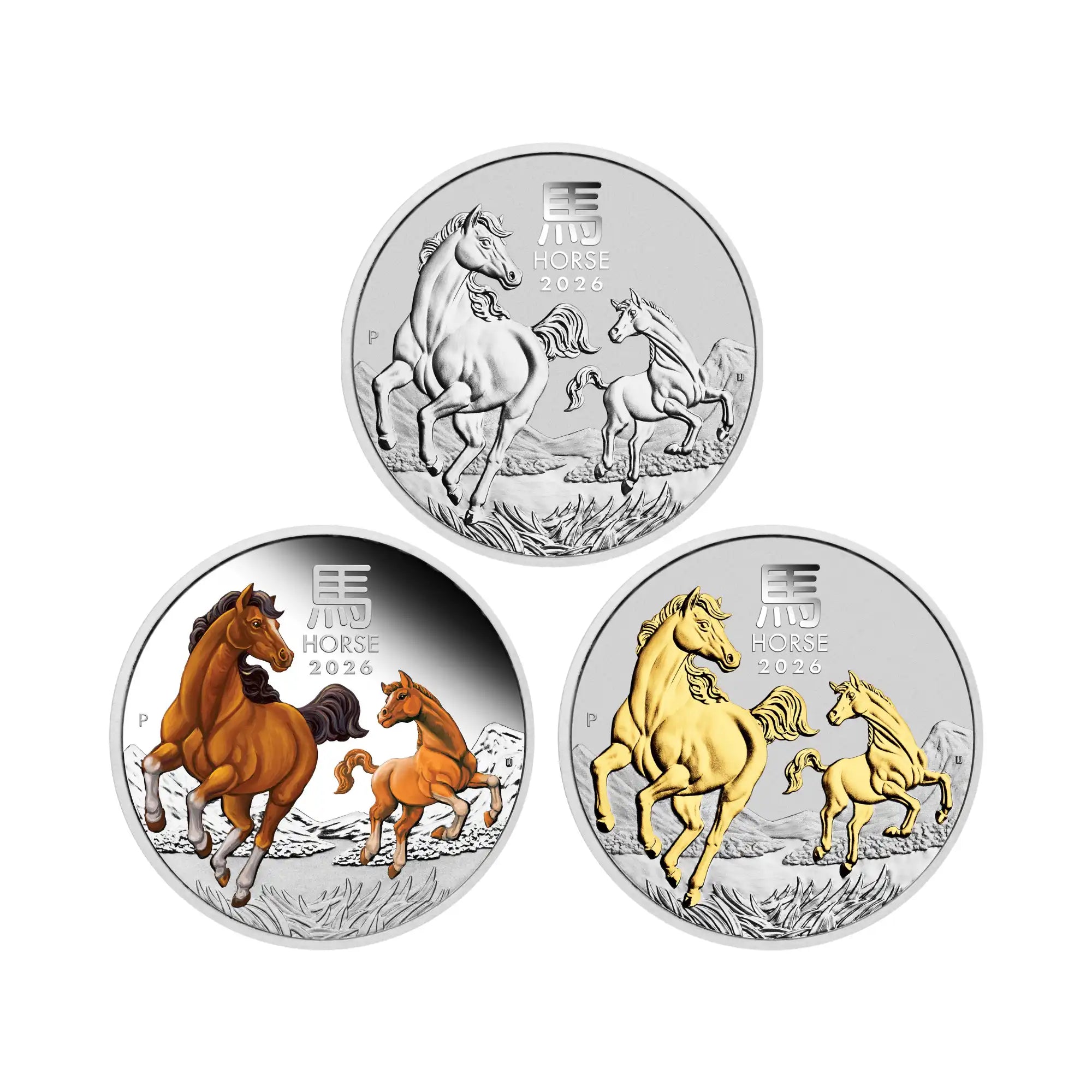 2026 Perth Mint Lunar Horse 1oz Silver Proof, Coloured & Gilded 3 Coin Collection