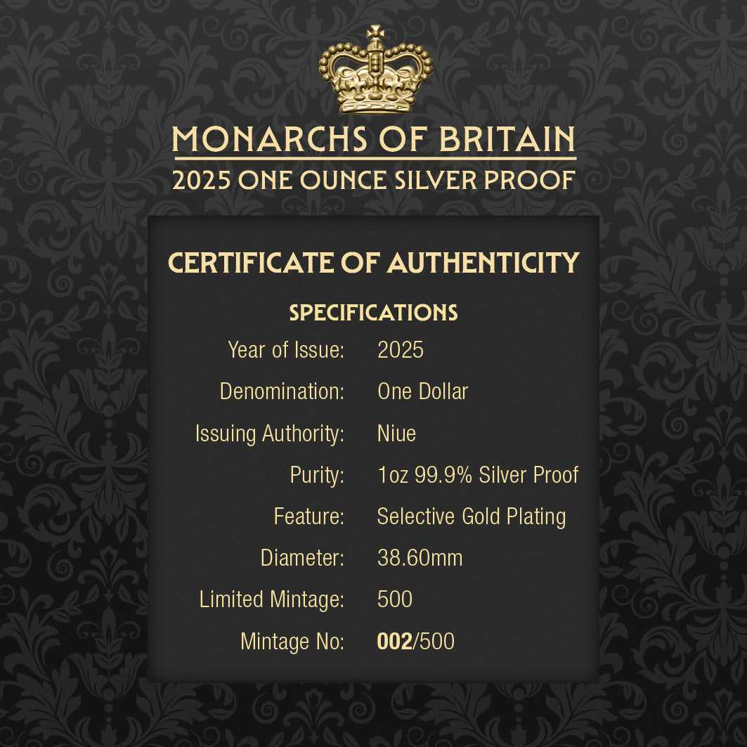 2025 Niue Monarchs of Britain – $1 Gold-Plated 1oz Silver Proof Coin