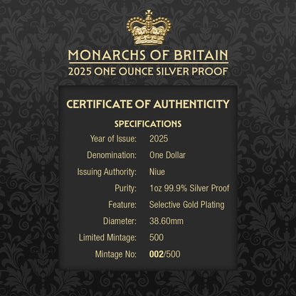 2025 Niue Monarchs of Britain – $1 Gold-Plated 1oz Silver Proof Coin